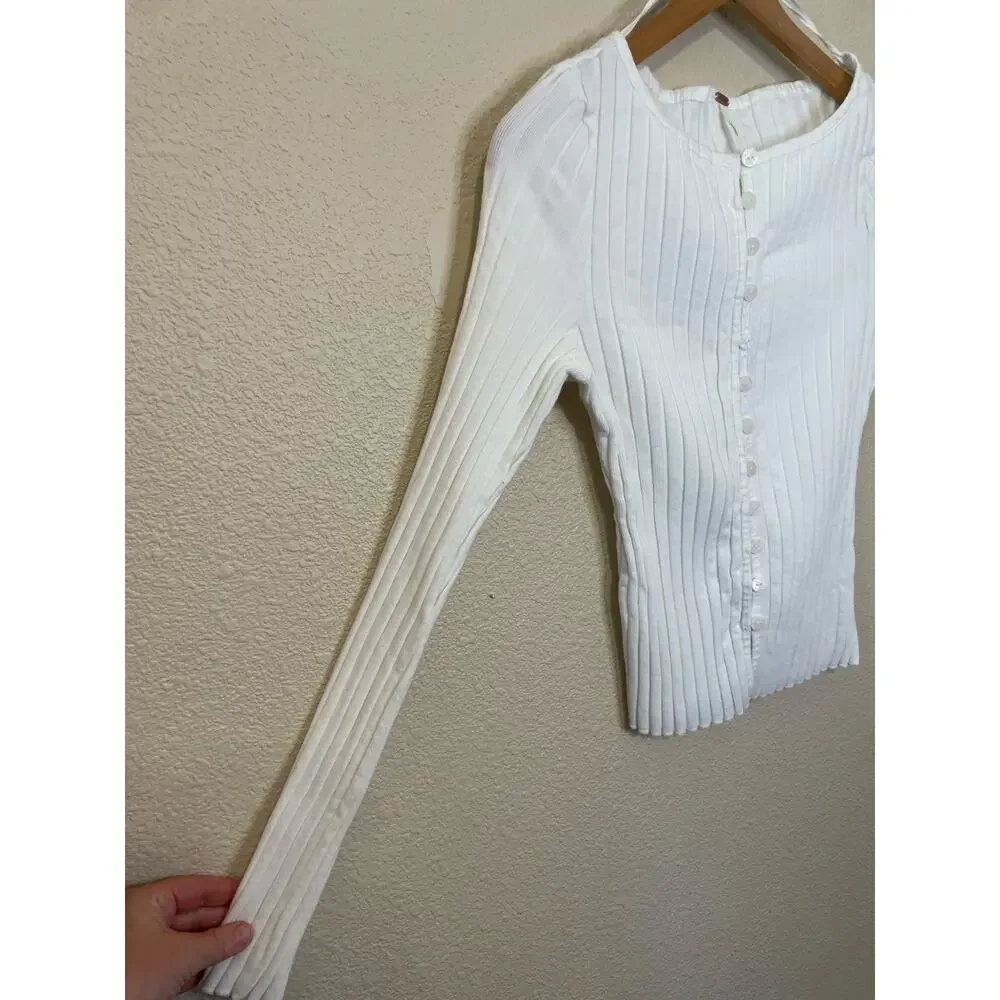 Free People Tilly Knit Ribbed Fitted Button Up Long Sleeve Top White Large Boho